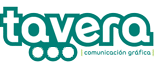 Logo de Tavera, comunicación gráfica, con texto en color verde y tres círculos pequeños.