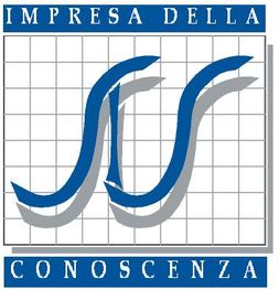 Logo con due curve blu su sfondo a quadretti, testo: "Impresa della Conoscenza".