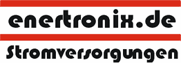 Textlogo: "enertronix.de" und "Stromversorgungen" in schwarzer Schrift mit roten Linien darüber.