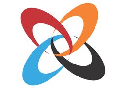 Four interlocking ovals in red, orange, blue, and black form a symmetrical design.