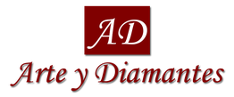 Logo de "Arte y Diamantes" con letras elegantes y fondo cuadricular rojo.