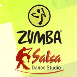 Zumba-Logo auf grünem Hintergrund, darunter "Salsa Dance Studio" mit tanzendem Paar in Rot.