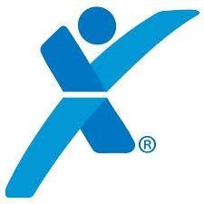 Blue abstract figure stretching with a registered trademark symbol.
