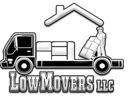 Moving truck with boxes and mover under a house outline; "Low Movers LLC" text below.