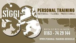 Hundemarke-Design mit Text "Personal Training" und Kontaktinformationen auf beigem Hintergrund.