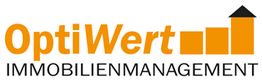 OptiWert Immobilienmanagement-Logo mit schwarzem Haus auf orangefarbenen Balkendiagramm.