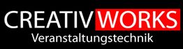 Logo mit Text "CREATIVWORKS Veranstaltungstechnik" auf schwarzem Hintergrund.