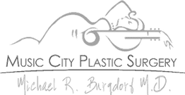 Logo with text "Music City Plastic Surgery" featuring musical notes and a skyline design.