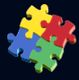 Four interlocking puzzle pieces in red, blue, yellow, and green on a dark background.