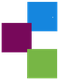 Drei farbige Quadrate: ein blaues oben rechts, ein lila in der Mitte und ein grünes unten.