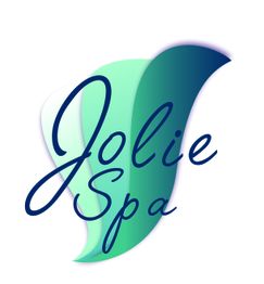 Logotipo de "Jolie Spa" con diseño de hoja en tonos verde y azul.