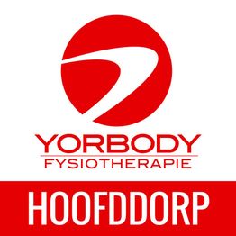 Rood-wit logo van Yorbody Fysiotherapie met de tekst "Hoofddorp" onderaan.