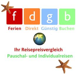 Bunte Buchstaben mit Text "Ferien Direkt Günstig Buchen", Globus und Seesterne verziert.