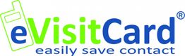 Logo von eVisitCard, Text: "easily save contact", mit einem stilisierten Handy links.