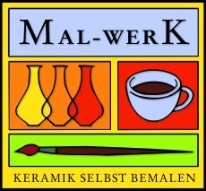 Grafik mit Vasen, Tasse, Pinsel und dem Text "Mal-werK, Keramik selbst bemalen".