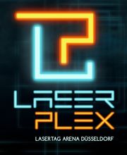 Logo von Laser Plex, Lasertag Arena Düsseldorf, in Neonfarben auf dunklem Hintergrund.