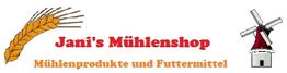 Weizenähre und Mühle mit Text "Jani's Mühlenshop. Mühlenprodukte und Futtermittel".