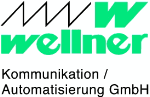 Logo von Wellner Kommunikation/Automatisierung GmbH in Grün und Schwarz mit grafischen Elementen.