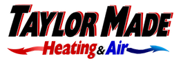 "Taylor Made Heating & Air" logo with red and blue stylized text and arrows.