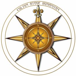 Kompassrose mit lateinischem Text "Cultus Atque Humanitas" und stilisierter Lilie oben.