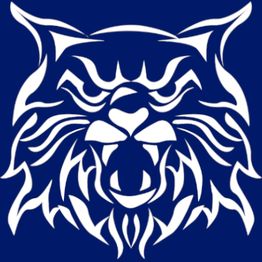 Stylized white tribal wolf head on a blue background, with sharp lines and curved patterns.