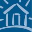Stylized house icon with rays on blue background.