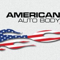 American Auto Body logo with American flag flames design.