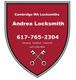 Red shield logo for Andrea Locksmith, Cambridge MA. Services: Emergency, Residential, Commercial.