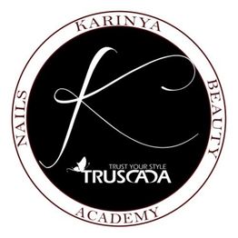 Logo rotondo Karinya Beauty Academy con la scritta "Trust Your Style Truscada" al centro.