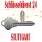 Silberner Schlüssel, darunter der Text "Schlüsseldienst 24 Stuttgart" in roter Schrift.