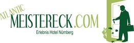 Grafik mit Text "ATLANTIC MEISTERECK.COM Erlebnis Hotel Nürnberg", Mann öffnet Tür.