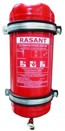Roter automatischer Feuerlöscher mit "RASANT" Aufschrift und Details zur Anwendung in Deutsch.