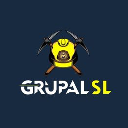 Logotipo de casco y picos cruzados sobre fondo azul, texto "GRUPAL SL" en blanco y amarillo.