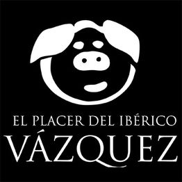 Logo con un cerdo y texto "El placer del Ibérico Vázquez" en blanco sobre fondo negro.