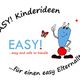 Illustration mit Text: "EASY! Kinderideen" und "für einen easy Elternalltag", Cartoon-Figur mit Schmetterling.