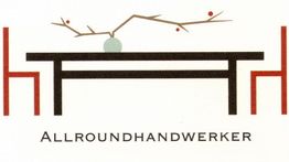 Ein minimalistisches Logo mit Tisch, Stühlen und einem Zweig in Vase; Text: "Allroundhandwerker".