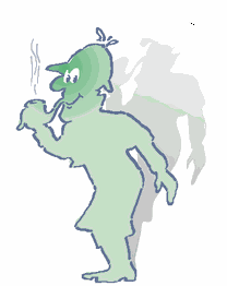 Grüne Comicfigur mit Pfeife und Hut, wirft langen Schatten, wirkt nachdenklich.