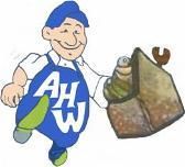 Cartoon-Handwerker mit blauer Mütze und Latz über "AHW", hält eine Werkzeugtasche.