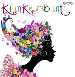 Scherenschnitt eines Frauenprofils mit blumiger Frisur und der Schriftzug „Klunkerbunt“ oben.