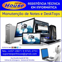 Banner de assistência técnica em informática com imagem de computadores e contato.