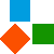 Bunte geometrische Formen: blaues Quadrat, orange Raute, grünes Quadrat, kleines graues Quadrat.