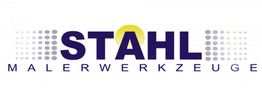 Logo mit Schriftzug "Stahl Malerwerkzeuge" in Blau, gelber Kreis hinter dem "A".