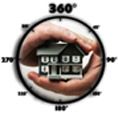 Mani che tengono una casa in un cerchio con gradi, simbolo di visione a 360 gradi.