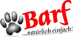 Pfotenabdruck und der Text "Barf ...natürlich einfach!" in roter und schwarzer Schrift.
