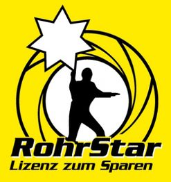 Gelbes Logo mit einer Silhouette, einem Stern und dem Text "RohrStar - Lizenz zum Sparen".