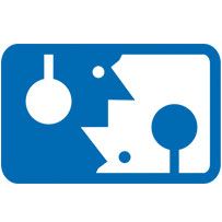 Blau-weißes abstraktes Kunstwerk mit geometrischen Formen und Figuren auf rechteckigem Hintergrund.