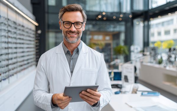 „Ein Augenarzt in München in seiner Praxis als CEO, steht vor der modernen Empfangstheke, hält ein Tablet, im Hintergrund sind medizinische Geräte und ein Blick auf die Stadt durch große Fenster zu sehen, professionell und modern eingerichtet.