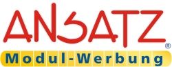 Logo mit rotem Text "ANSATZ" und gelbem "Modul-Werbung" darauf, stilisiert und farbenfroh.