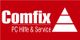 Rotes Logo mit weißem Text "Comfix PC Hilfe & Service" und einem dreieckigen Symbol rechts.