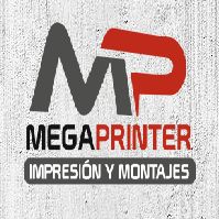 Logo de "Megaprinter" en fondo gris, con texto: "Impresión y Montajes".
